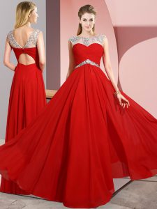 Red Chiffon Clasp Handle Dress for Prom Sleeveless Floor Length Beading