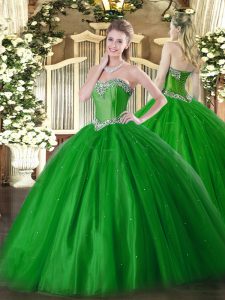 Exquisite Green Tulle Lace Up Sweetheart Sleeveless Floor Length Sweet 16 Quinceanera Dress Beading