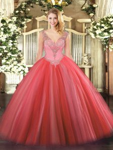 Pretty Floor Length Lace Up Quinceanera Gowns Coral Red for Military Ball and Sweet 16 and Quinceanera with Beading