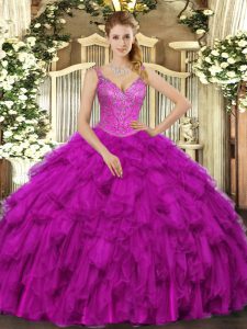 Low Price Sleeveless Organza Floor Length Lace Up Sweet 16 Dresses in Fuchsia with Beading and Ruffles