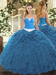 Glittering Sleeveless Floor Length Appliques and Ruffles Lace Up Quinceanera Gowns with Blue