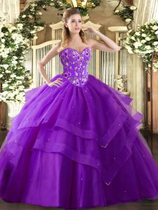 Eggplant Purple Sleeveless Tulle Lace Up Quinceanera Gown for Military Ball and Sweet 16 and Quinceanera