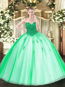 Floor Length Turquoise 15th Birthday Dress Tulle Sleeveless Beading