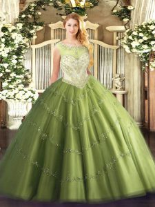 Delicate Cap Sleeves Tulle Floor Length Zipper 15th Birthday Dress in Olive Green with Beading