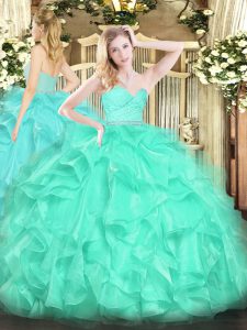 Unique Sleeveless Floor Length Beading and Lace and Ruffles Zipper Sweet 16 Dress with Turquoise