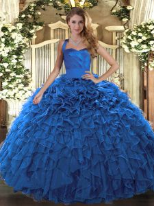 Smart Floor Length Blue 15 Quinceanera Dress Halter Top Sleeveless Lace Up