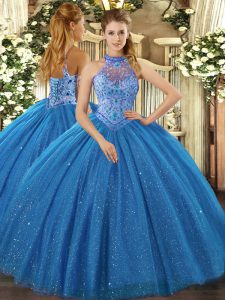 Blue Ball Gowns Beading and Embroidery Quinceanera Dress Lace Up Tulle Sleeveless Floor Length