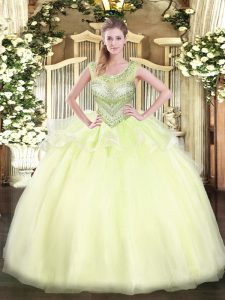 Beautiful Light Yellow Ball Gowns Beading Quinceanera Dress Lace Up Organza Sleeveless Floor Length
