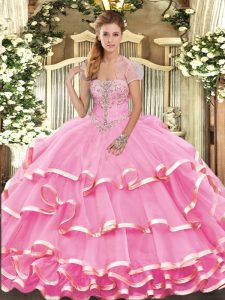 Adorable Organza Strapless Sleeveless Lace Up Appliques and Ruffled Layers Sweet 16 Dresses in Rose Pink