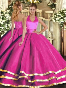 Tulle Halter Top Sleeveless Lace Up Ruffled Layers Vestidos de Quinceanera in Fuchsia