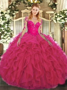 Great Hot Pink Ball Gowns Tulle Scoop Long Sleeves Lace and Ruffles Floor Length Lace Up Ball Gown Prom Dress