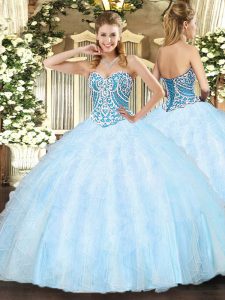 Light Blue Sweetheart Lace Up Beading and Ruffles Quince Ball Gowns Sleeveless