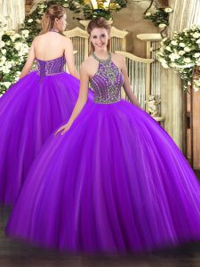 Luxurious Halter Top Sleeveless Quinceanera Gown Floor Length Beading Purple Tulle