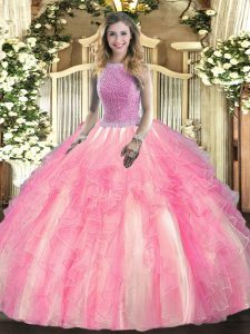 Glittering Rose Pink High-neck Lace Up Beading and Ruffles Quinceanera Gown Sleeveless