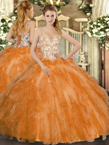 High End Straps Sleeveless Quinceanera Gown Floor Length Beading and Ruffles Orange Tulle