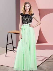 Extravagant Apple Green Sleeveless Floor Length Lace and Belt Lace Up Prom Party Dress