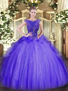 Vintage Scoop Sleeveless Quinceanera Gown Floor Length Beading Lavender Tulle