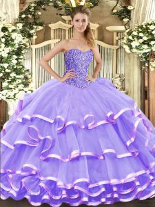 Discount Lavender Ball Gowns Beading and Ruffled Layers Vestidos de Quinceanera Lace Up Organza Sleeveless Floor Length