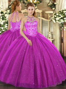Vintage Halter Top Sleeveless Tulle Quinceanera Dresses Beading and Embroidery and Sequins Lace Up