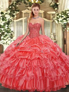 Graceful Floor Length Coral Red Ball Gown Prom Dress Organza Sleeveless Beading and Ruffles and Pick Ups