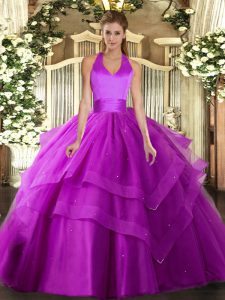 Custom Design Fuchsia Ball Gowns Tulle Halter Top Sleeveless Ruffled Layers Floor Length Lace Up Vestidos de Quinceanera