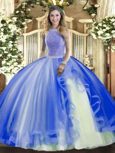 Affordable Blue Sleeveless Beading and Ruffles Floor Length 15 Quinceanera Dress