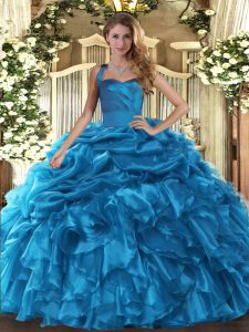 Baby Blue Organza Lace Up 15 Quinceanera Dress Sleeveless Floor Length Ruffles and Pick Ups