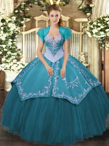 Sweetheart Sleeveless Lace Up Ball Gown Prom Dress Teal Satin and Tulle