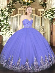 Floor Length Zipper 15 Quinceanera Dress Lavender for Military Ball and Sweet 16 and Quinceanera with Beading and Lace and Appliques