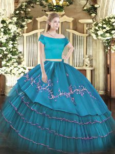 Dramatic Two Pieces 15th Birthday Dress Teal Off The Shoulder Organza and Taffeta Short Sleeves Floor Length Zipper