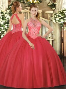 Free and Easy Red High-neck Neckline Beading Quinceanera Gowns Sleeveless Lace Up