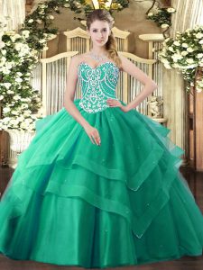Sleeveless Tulle Floor Length Lace Up Sweet 16 Quinceanera Dress in Turquoise with Beading and Ruffled Layers