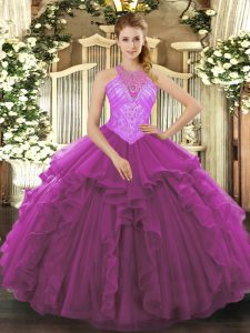 Fuchsia Lace Up Sweet 16 Dresses Beading and Ruffles Sleeveless Floor Length