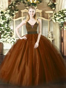 Beautiful Floor Length Zipper 15 Quinceanera Dress Brown for Military Ball and Sweet 16 and Quinceanera with Beading