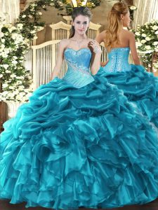 Super Sleeveless Floor Length Beading and Ruffles and Pick Ups Lace Up Quinceanera Gown with Teal