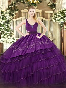 Sleeveless Embroidery and Ruffled Layers Zipper Quince Ball Gowns