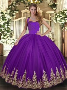 Purple Quince Ball Gowns Military Ball and Sweet 16 and Quinceanera with Appliques Halter Top Sleeveless Lace Up