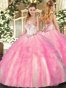 Tulle Sweetheart Sleeveless Lace Up Beading and Ruffles Ball Gown Prom Dress in Rose Pink