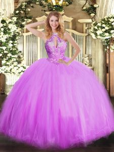 Fitting Lilac Vestidos de Quinceanera Military Ball and Sweet 16 and Quinceanera with Beading Halter Top Sleeveless Lace Up