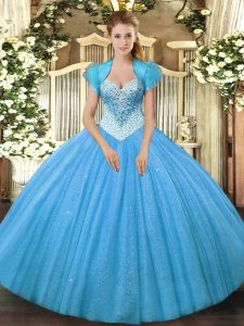 Most Popular Aqua Blue Sleeveless Beading Floor Length Quinceanera Dress