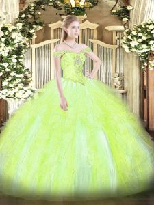 Yellow Green Tulle Lace Up Off The Shoulder Sleeveless Floor Length Quinceanera Dress Beading and Ruffles