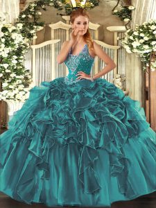Comfortable Floor Length Lace Up Sweet 16 Dress Teal for Military Ball and Sweet 16 and Quinceanera with Beading and Ruffles
