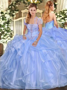Decent Light Blue Ball Gowns Organza Strapless Sleeveless Appliques and Ruffles Floor Length Lace Up Quinceanera Dress