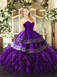 Sleeveless Zipper Floor Length Embroidery and Ruffles Ball Gown Prom Dress