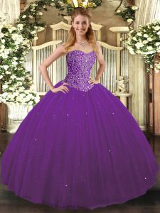 Purple Sleeveless Tulle Lace Up 15 Quinceanera Dress for Military Ball and Sweet 16 and Quinceanera