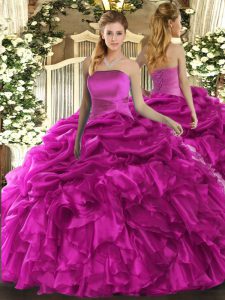 Eye-catching Fuchsia Organza Lace Up Quince Ball Gowns Sleeveless Floor Length Ruffles and Pick Ups