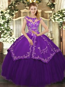 Popular Purple Lace Up Scoop Beading and Embroidery 15 Quinceanera Dress Satin and Tulle Cap Sleeves