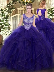 Glittering Purple Sleeveless Floor Length Beading and Ruffles Lace Up Quinceanera Gowns