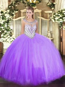 Modest Lavender Ball Gowns Tulle Scoop Sleeveless Beading Floor Length Zipper Quinceanera Dress