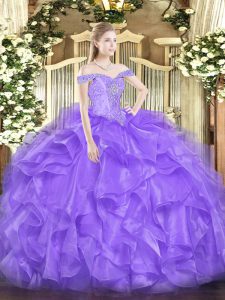 Off The Shoulder Sleeveless Quinceanera Gowns Floor Length Beading and Ruffles Lavender Organza